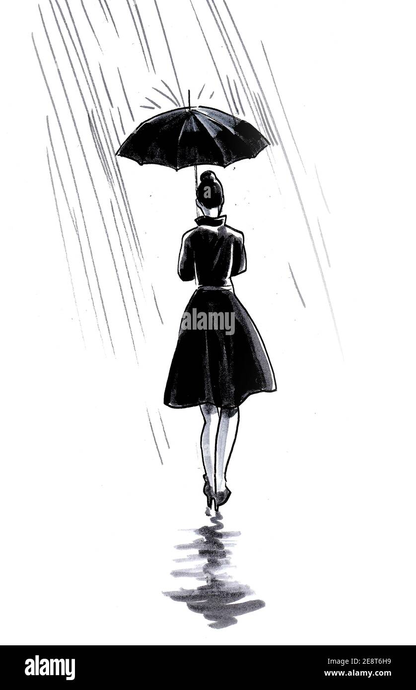 Chica con paraguas caminando bajo la lluvia. Dibujo en blanco y negro con  tinta Fotografía de stock - Alamy
