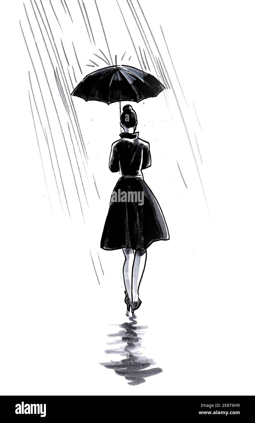 Chica con paraguas caminando bajo la lluvia. Dibujo en blanco y negro con tinta Fotografía de stock - Alamy Chica con paraguas caminando bajo la lluvia. Dibujo en blanco y negro con tinta Fotografía de stock - Alamy