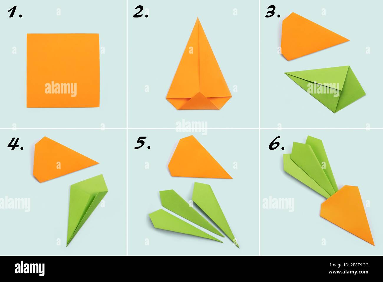 Cómo hacer Origami papel marcador forma de zanahoria para los saludos de  Pascua. Proyecto de arte para niños. Concepto de bricolaje. Instrucciones  paso a paso para la fotografía Fotografía de stock -