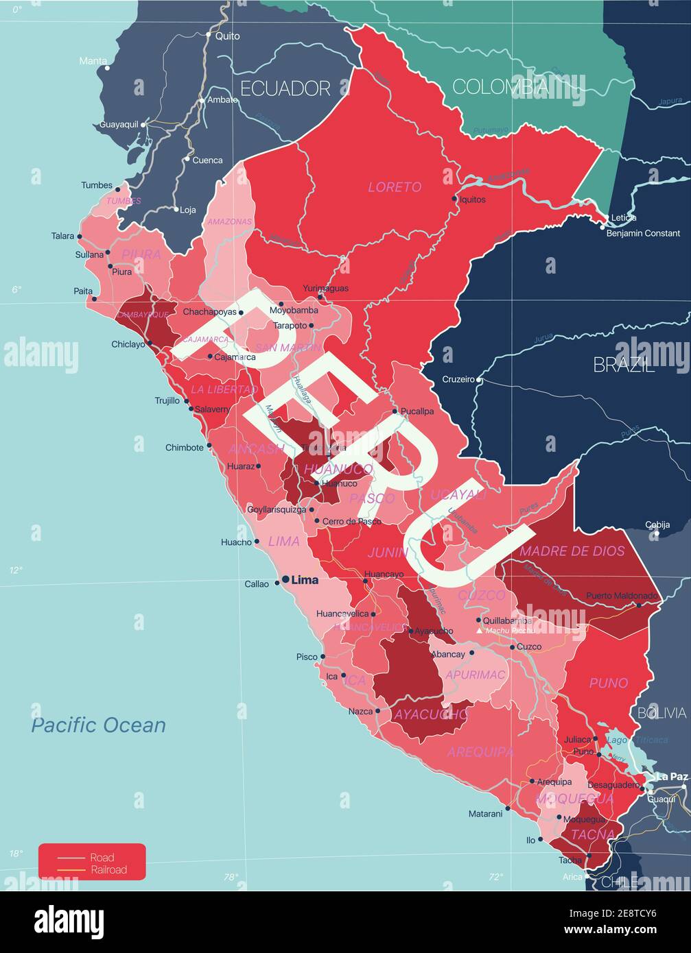 Perú País Mapa Detallado Editable Con Regiones Ciudades Y Pueblos Carreteras Y Ferrocarriles 