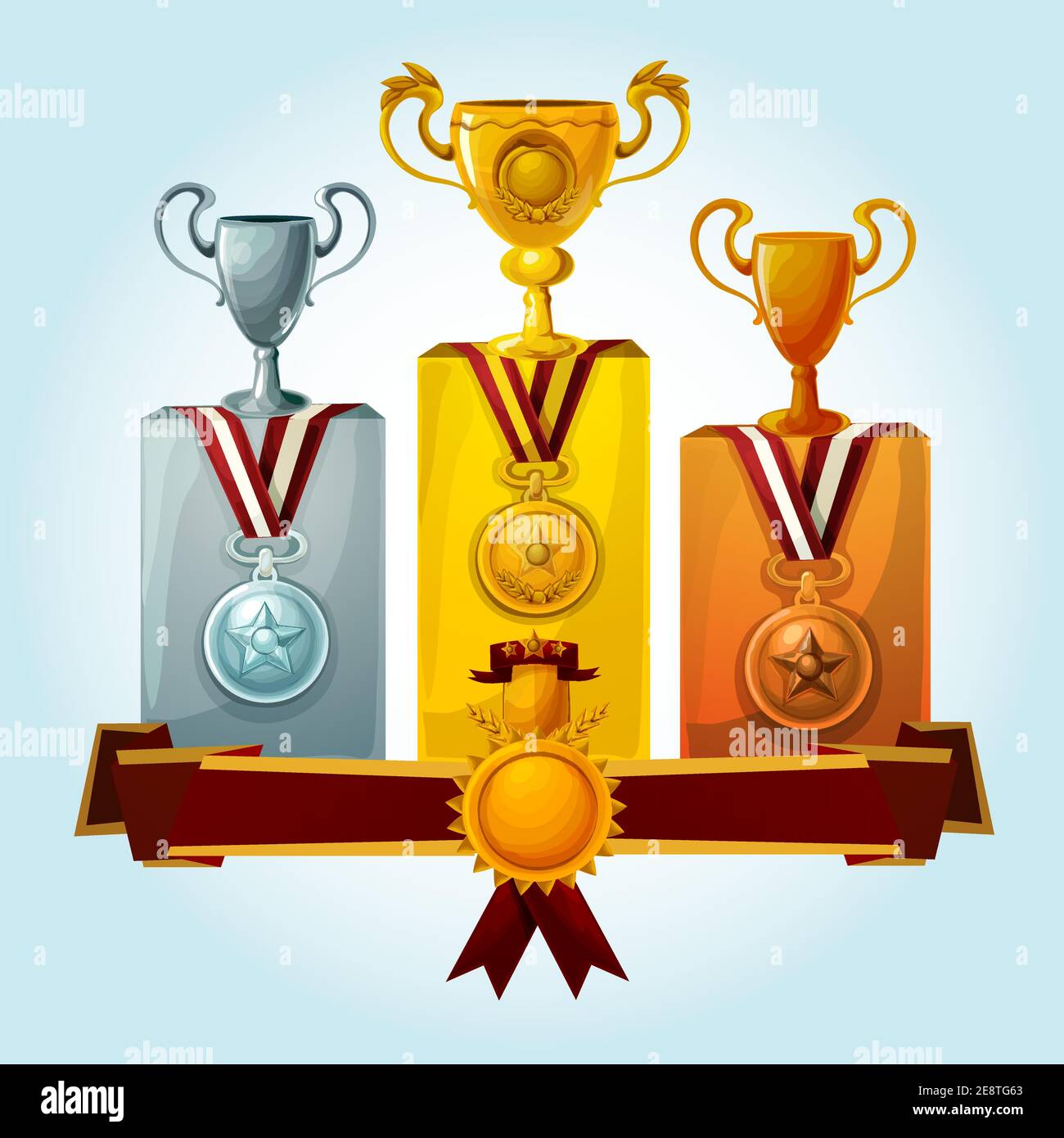 Copas de oro y trofeos de medalla en el podio de ganadores de dibujos  animados vector ilustración Imagen Vector de stock - Alamy