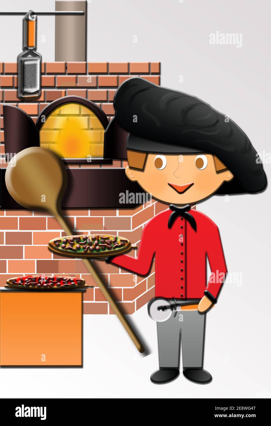 Dibujos animados de un lindo chef de pizza feliz, en un uniforme, con un  horno y algunas pizzas. Esta ilustración forma parte de una colección de  diferentes profesiones Fotografía de stock -