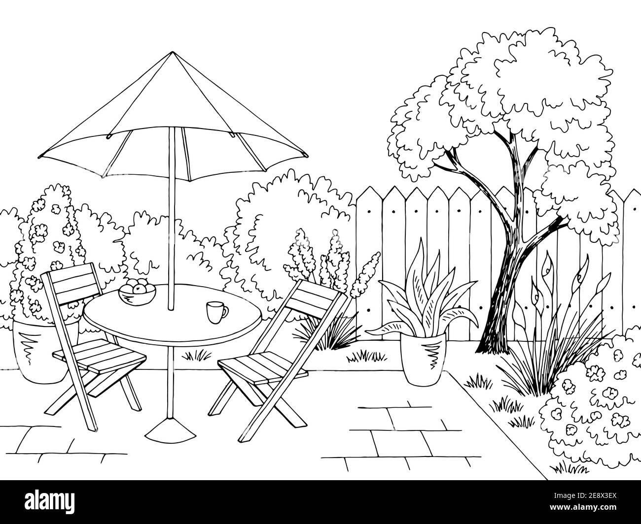 Jardín gráfico patio trasero mesa blanco negro dibujo ilustración