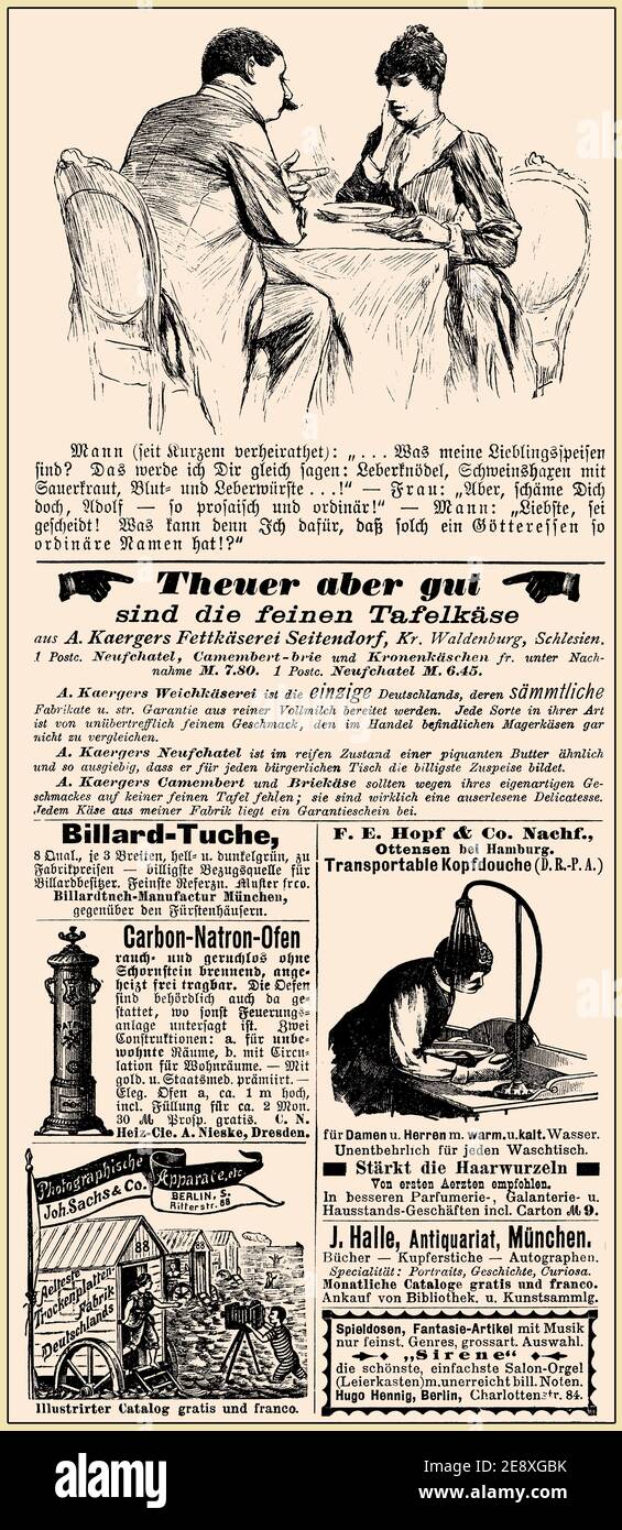 Revista comercial publicidad página en alemán con muchos banners de promoción,viñetas y caricaturas; fecha 1891 Foto de stock
