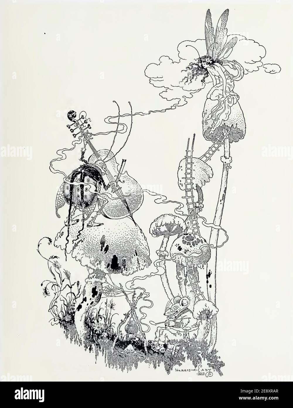 Harrison Kady obra de arte de 1911 titulado While the Kettle hierve cuenta con una mariquita tocando el violonchelo y un hada sentado en lo alto de un hongo mágico. Foto de stock