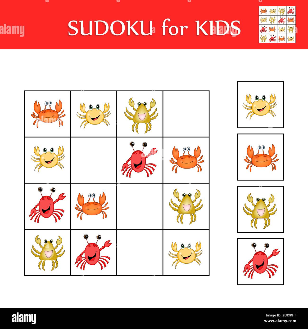 Juego De Sudoku Para Niños Con Fotos Hoja De Actividad Lógica De Los Niños Cangrejos Bonitos Y 9244