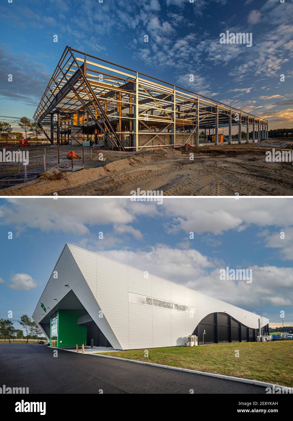 Vistas anteriores y posteriores que ilustran la construcción de un edificio industrial de estructura metálica. Foto de stock