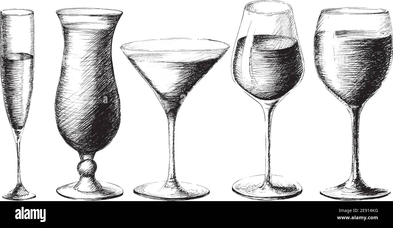Vector monocroma conjunto dibujo estilo ilustración de copas de vino  dibujadas a mano aisladas sobre fondo blanco. Cóctel, vino, champán, copas  de martini Imagen Vector de stock - Alamy