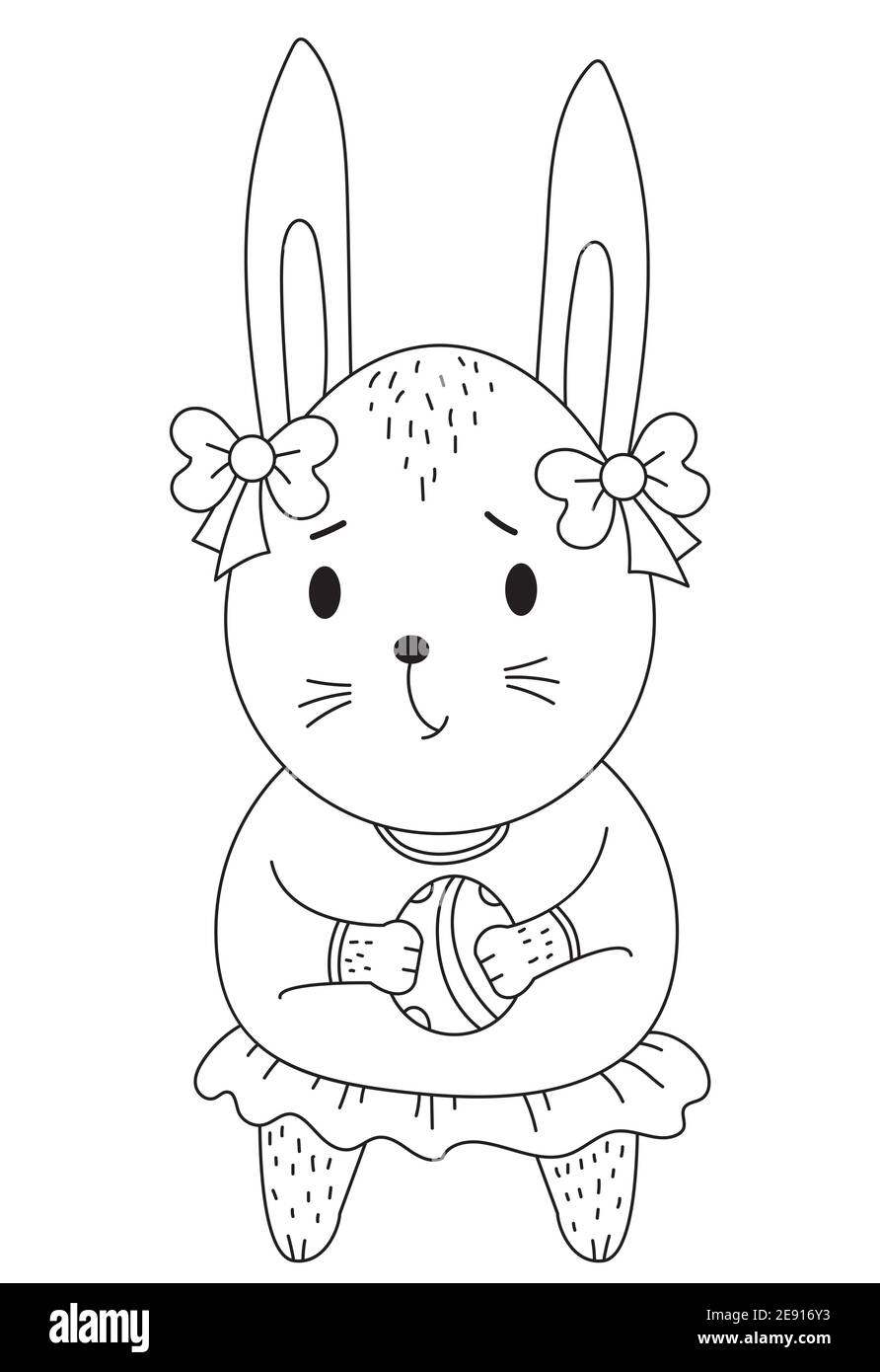 Conejito de Pascua. Linda chica con un huevo de Pascua en sus patas y con arcos en sus orejas. Vector. Línea negra, contorno. Dibujo decorativo Ilustración del Vector