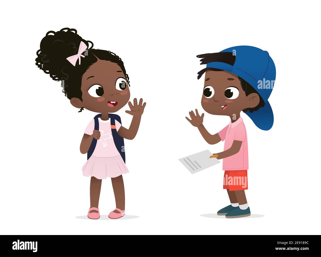 Escolares afro-americanos dicen ilustración de vector plano de Adiós.  Felices compañeros africanos saludando aislados sobre personajes de dibujos  animados blancos. Chico y Imagen Vector de stock - Alamy
