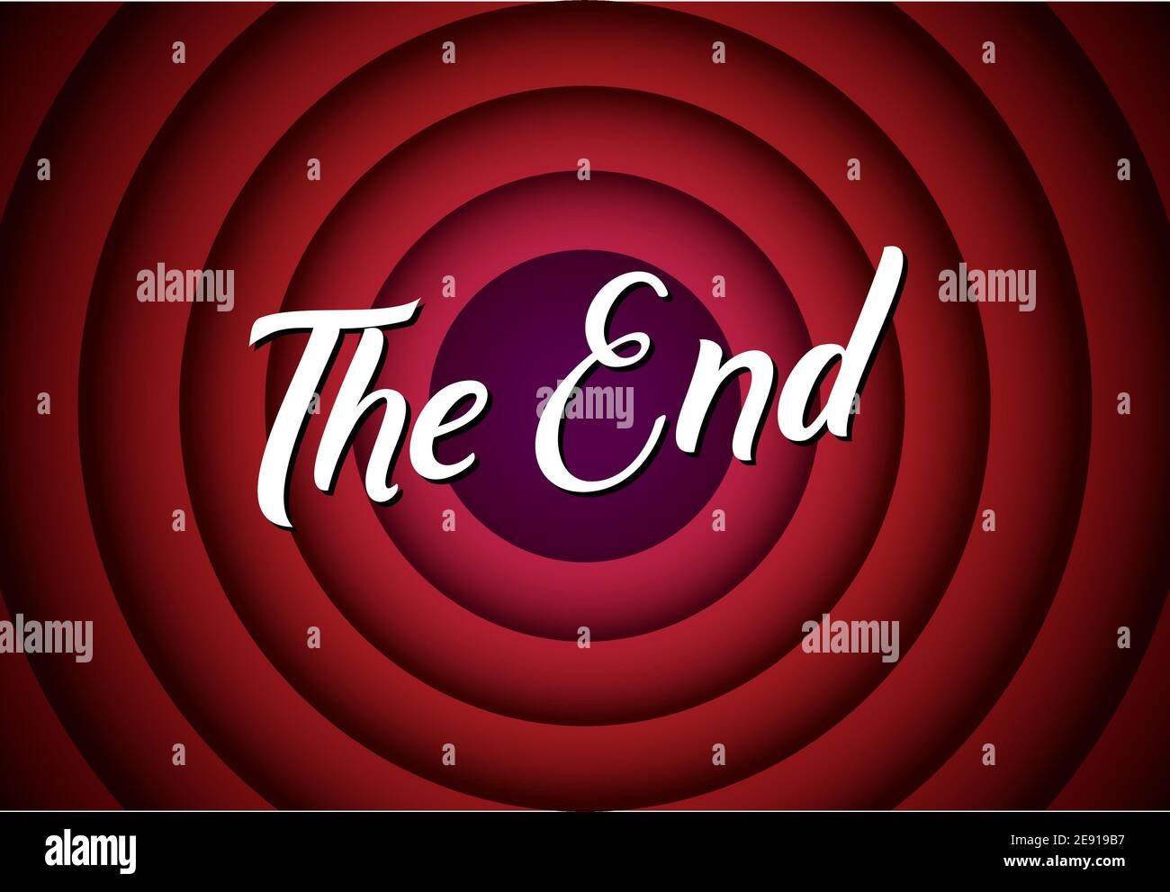 El fin de la película de la fuente del cartel de cómic círculo. Película de dibujos animados fin cartel logotipo fondo. Ilustración del Vector