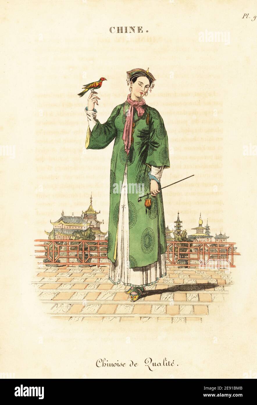 Dama China de rango, Pekín, siglo 18. Lleva un rico tocado y una bata de  seda bordada, sostiene una pipa de tabaco y una bolsa. Ella tiene un  songbird colorido en su