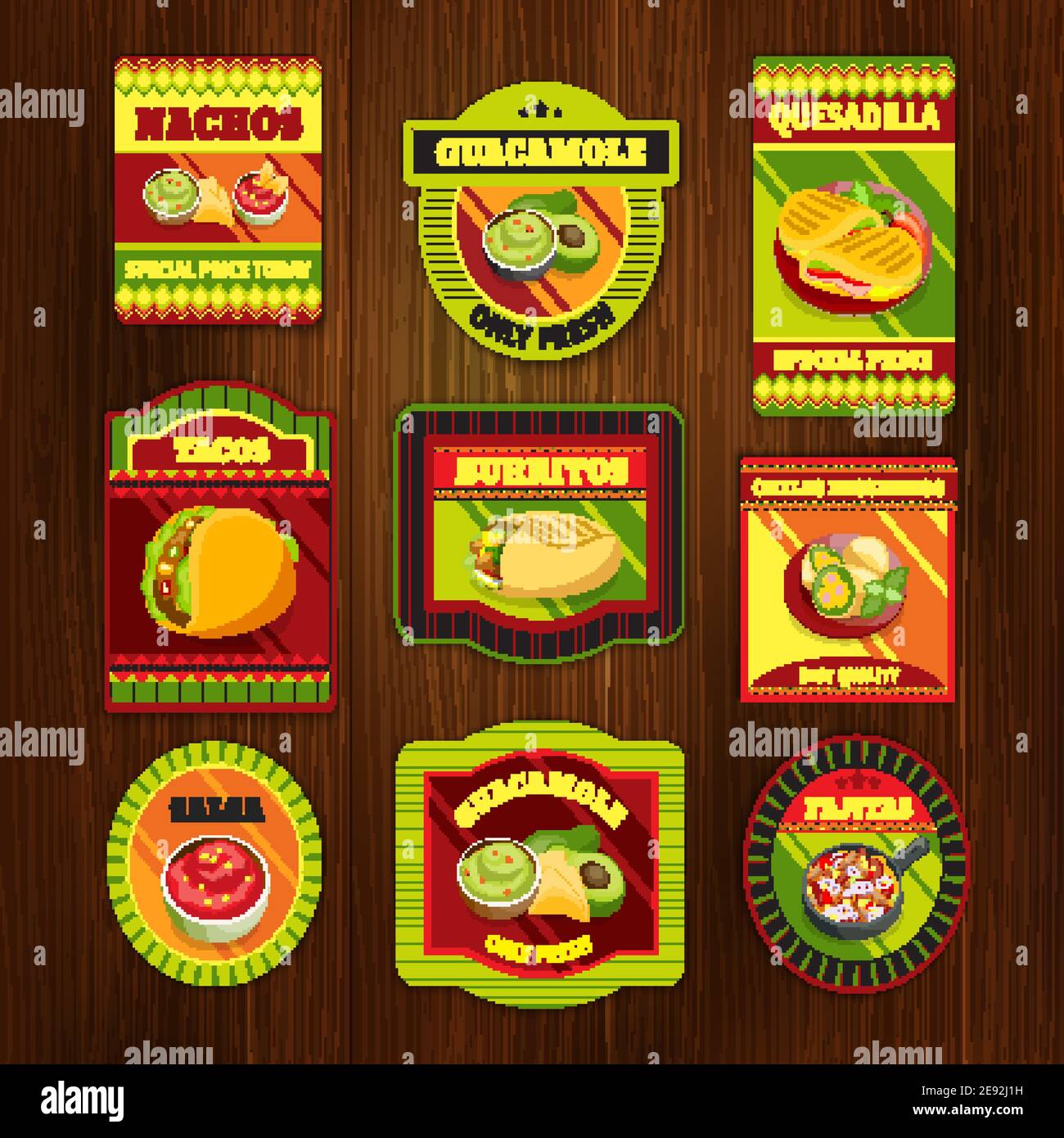 Comida mexicana brillantes y coloridos emblemas de platos nacionales con carne especias sobre fondo de madera ilustración vectorial aislada Ilustración del Vector