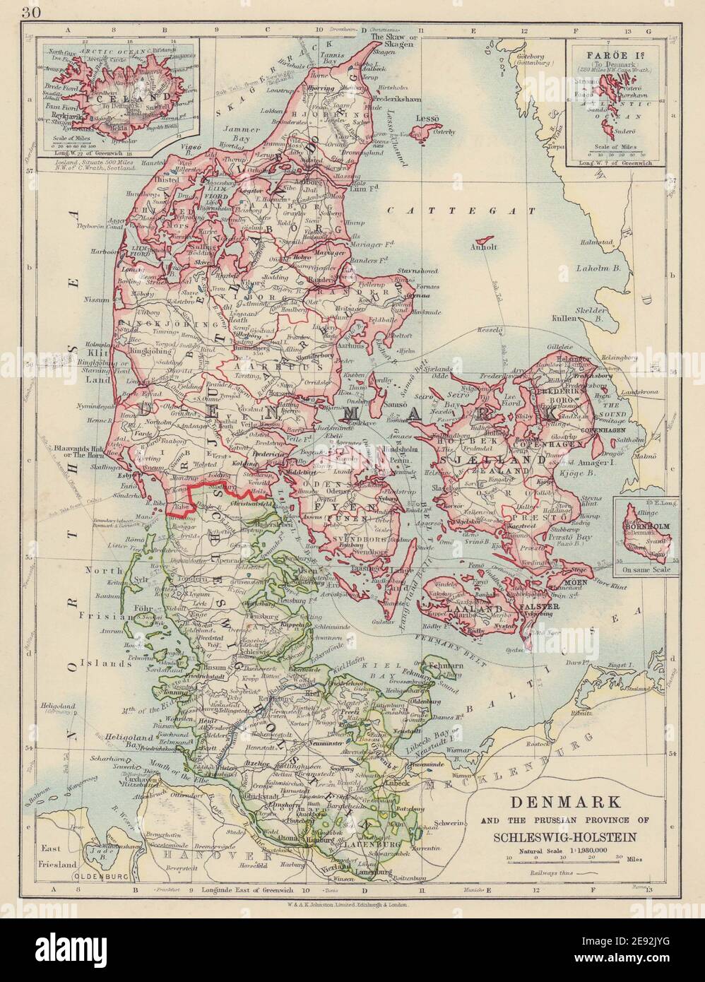 DINAMARCA SLESVIG-HOLSTEN. Schleswig-Holstein prusiano. JOHNSTON 1910 mapa antiguo Foto de stock