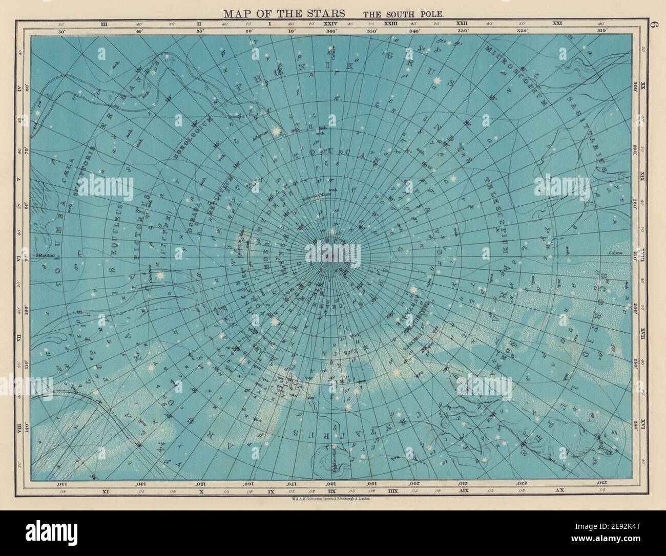 ASTRONOMÍA. Mapa de las estrellas. El Polo Sur. Constelaciones. JOHNSTON 1901 Foto de stock