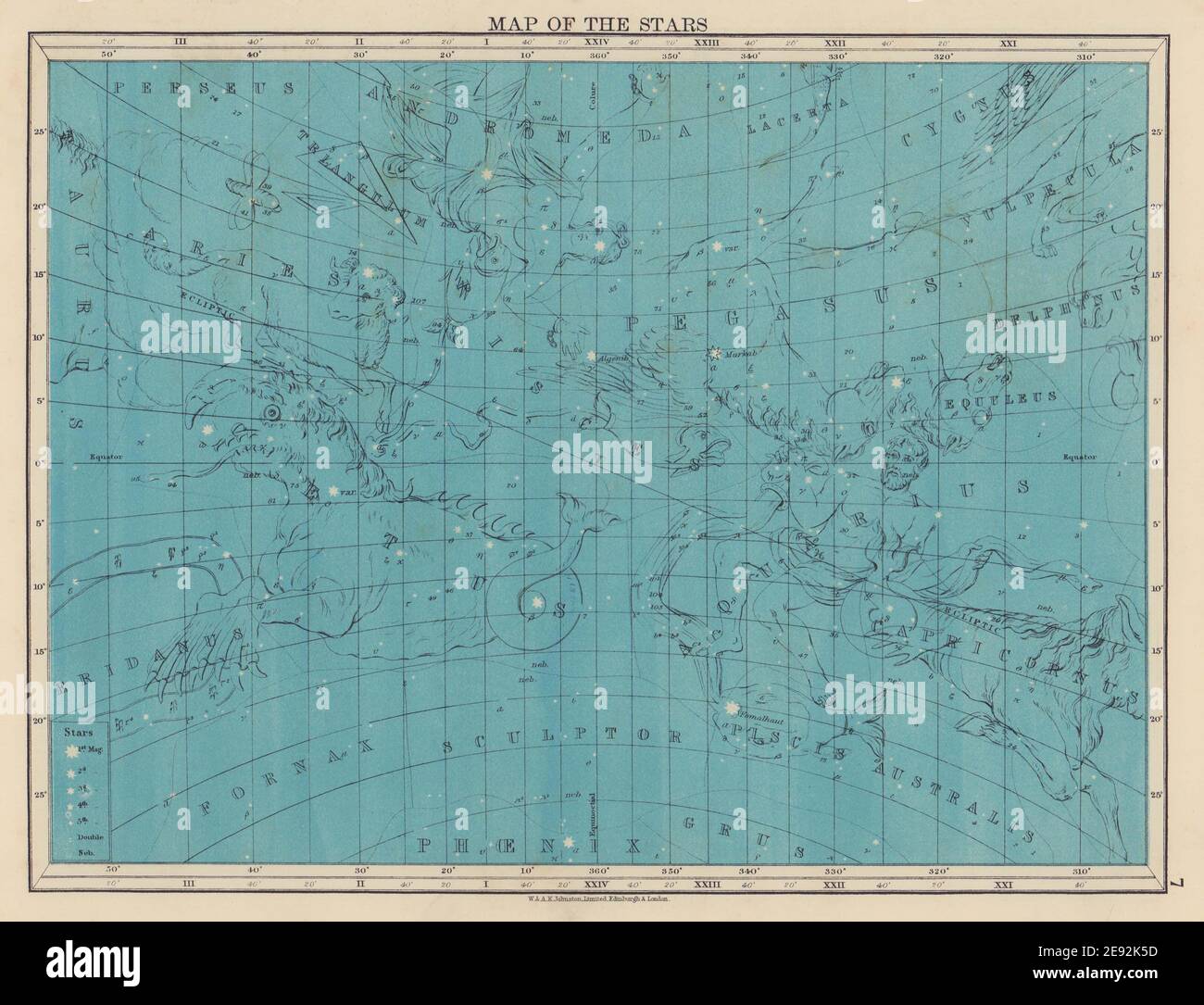 ASTRONOMÍA. Mapa de estrellas. Andrómeda Pegasus Aries Piscis Acuario. JOHNSTON 1901 Foto de stock