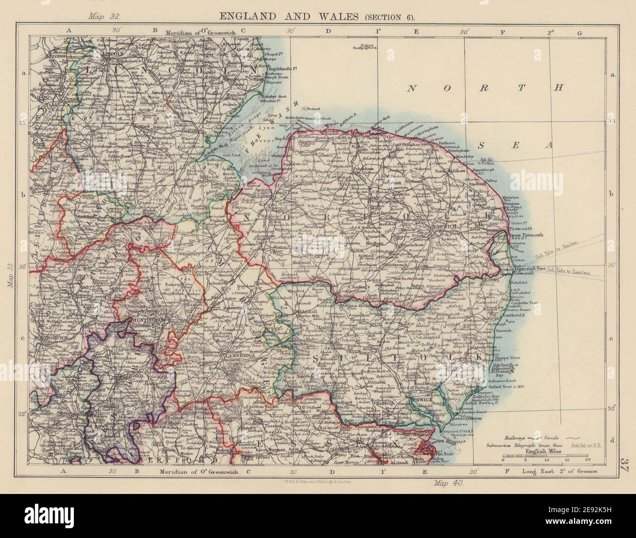 INGLATERRA DEL ESTE. East Anglia/Midlands Norfolk Suffolk Cambridgeshire 1901 mapa antiguo Foto de stock