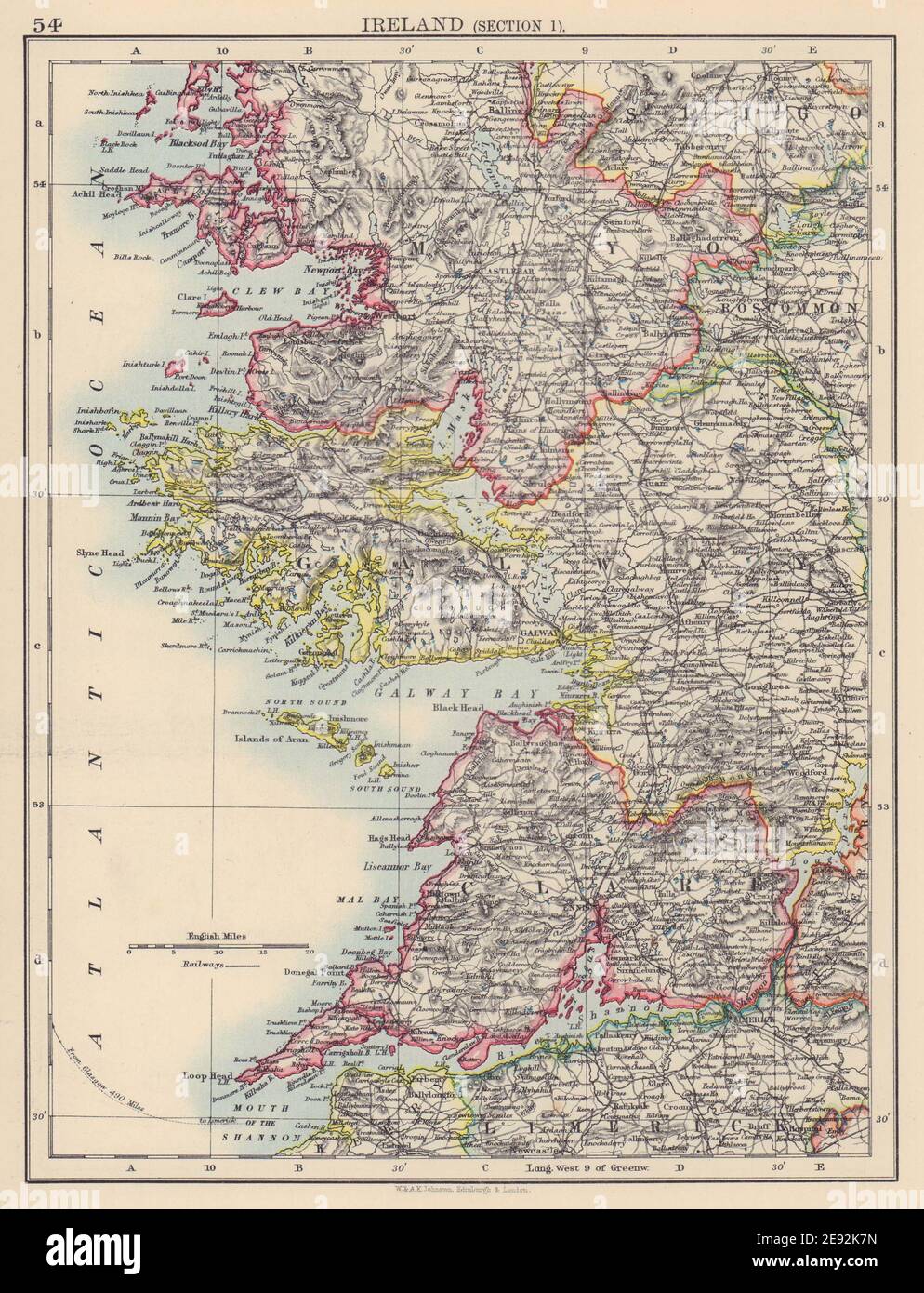 COSTA OESTE DE IRLANDA. Galway Mayo Clare. Río Shannon. JOHNSTON 1901 mapa antiguo Foto de stock