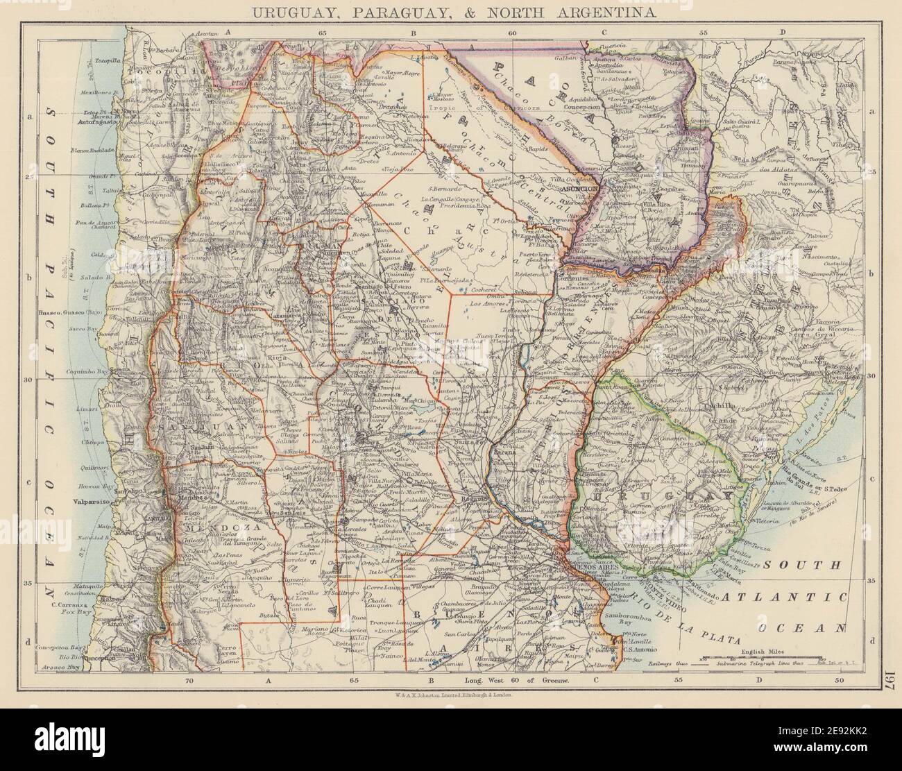URUGUAY PARAGUAY NORTE ARGENTINA. Fronteras anteriores a la Guerra del Chaco. Chile JOHNSTON 1901 mapa Foto de stock