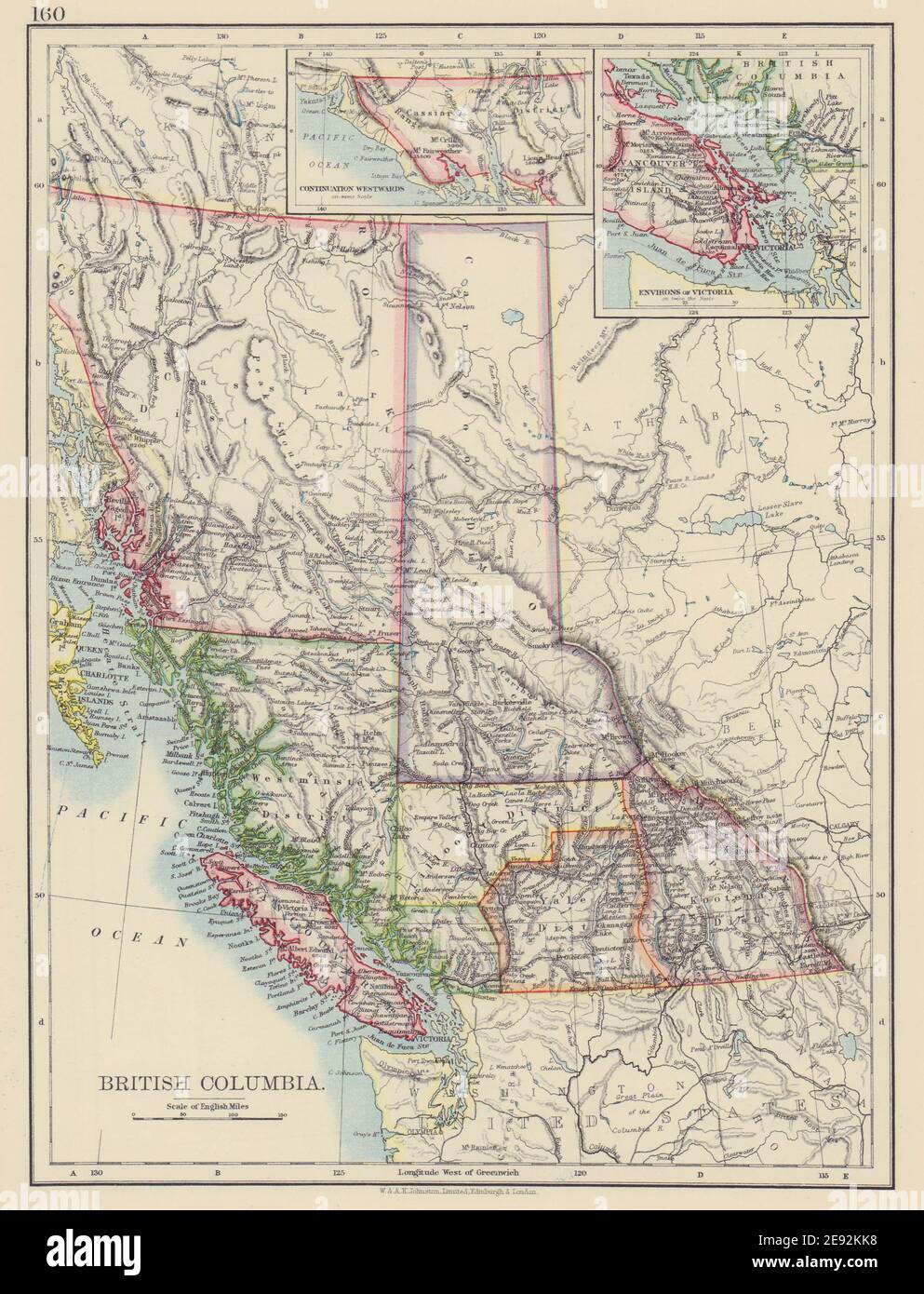 COLUMBIA BRITÁNICA. Mapa de provincia. Ferrocarriles. Isla de Vancouver. JOHNSTON 1901 Foto de stock