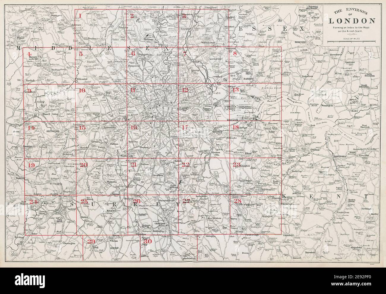 LOS ALREDEDORES DE LONDRES. Mapa de índice. Carreteras principales. BACON 1906 antiguo Foto de stock