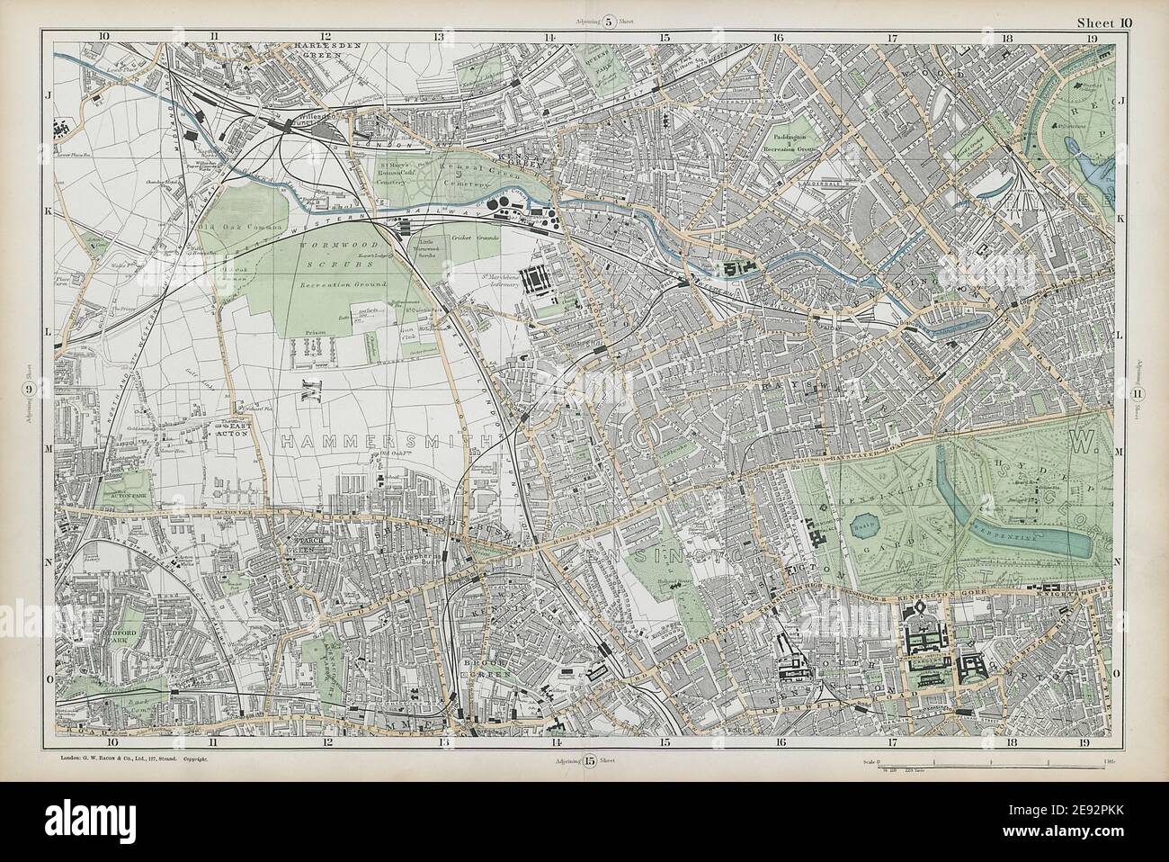 LONDRES Notting Hill Kensington White City Hammersmith Bayswater BACON 1906 mapa Foto de stock