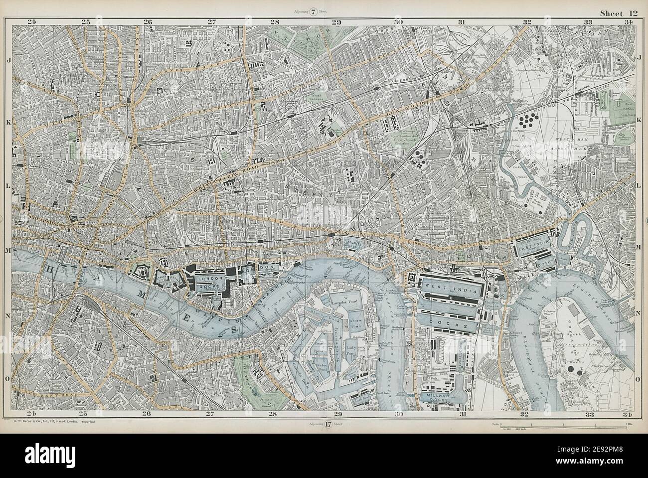 LONDRES City East End Southwark Bethenh Green Docks Shoreditch. Mapa DE BACON 1906 Foto de stock