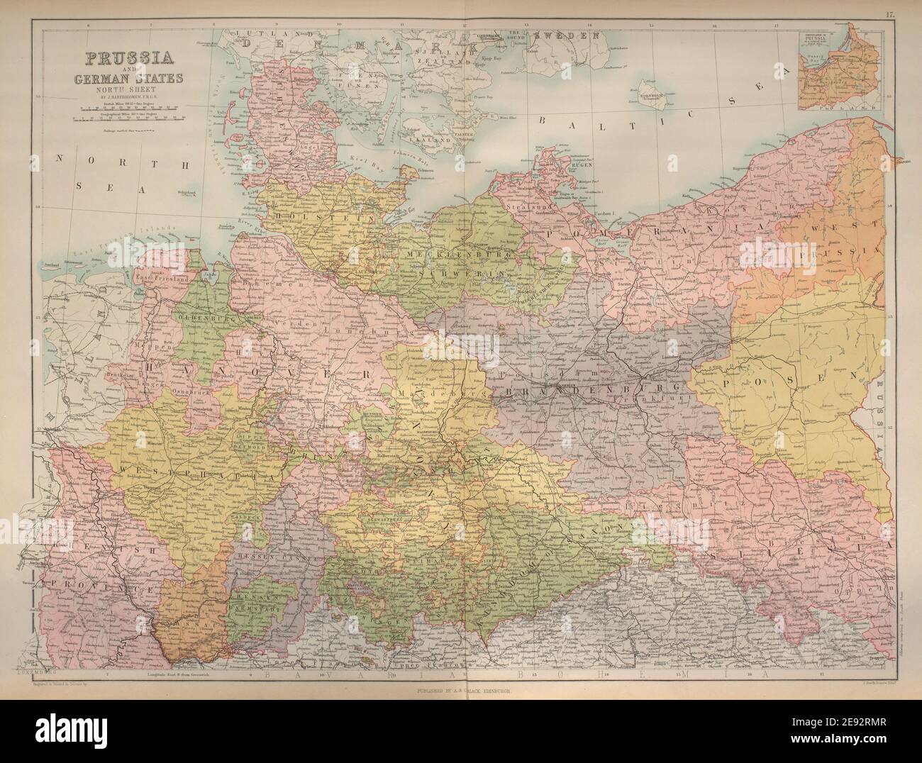Prusia y los estados del norte de Alemania. Alemania y Polonia. BARTHOLOMEW 1870 mapa antiguo Foto de stock