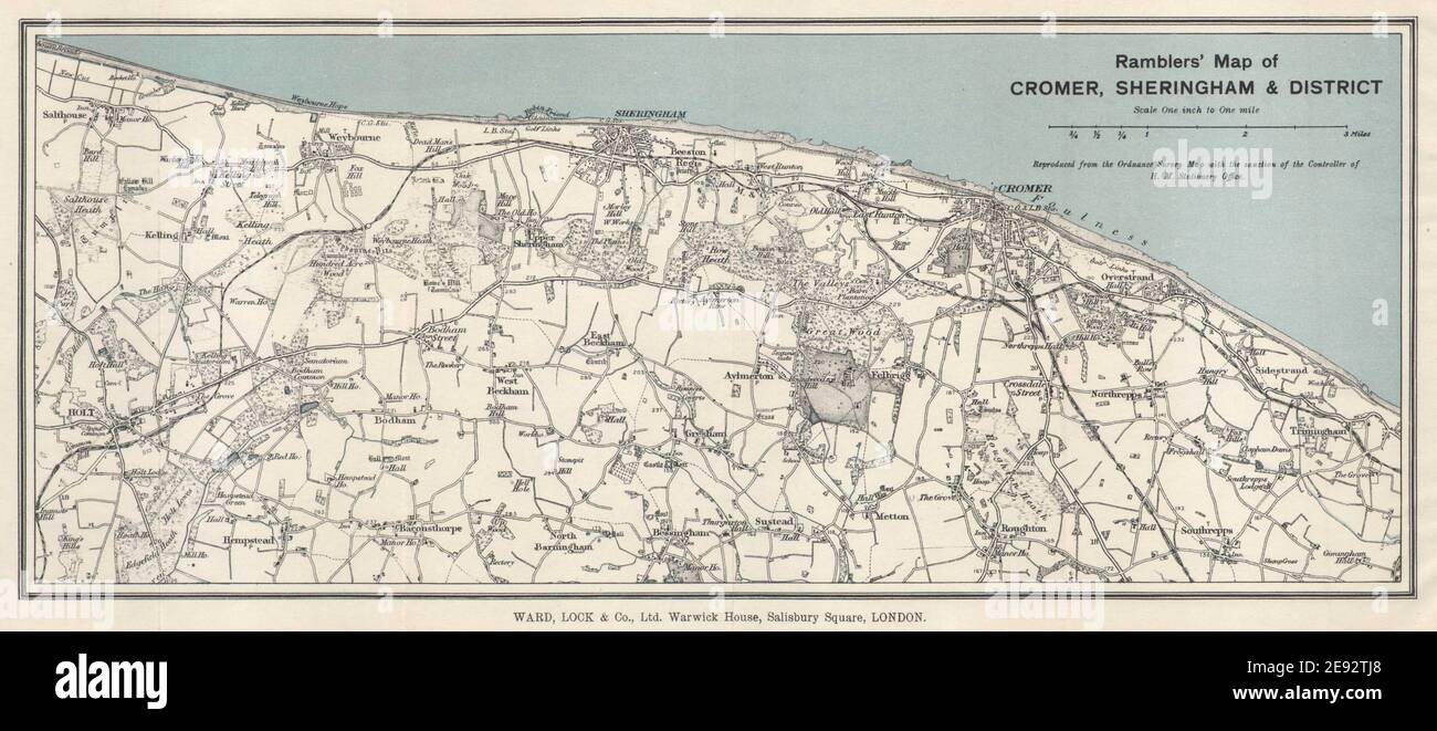 LA COSTA DE NORFOLK. Los alrededores de Cromer y Sheringham. Mapa de Mundesley North Walsham 1931 Foto de stock