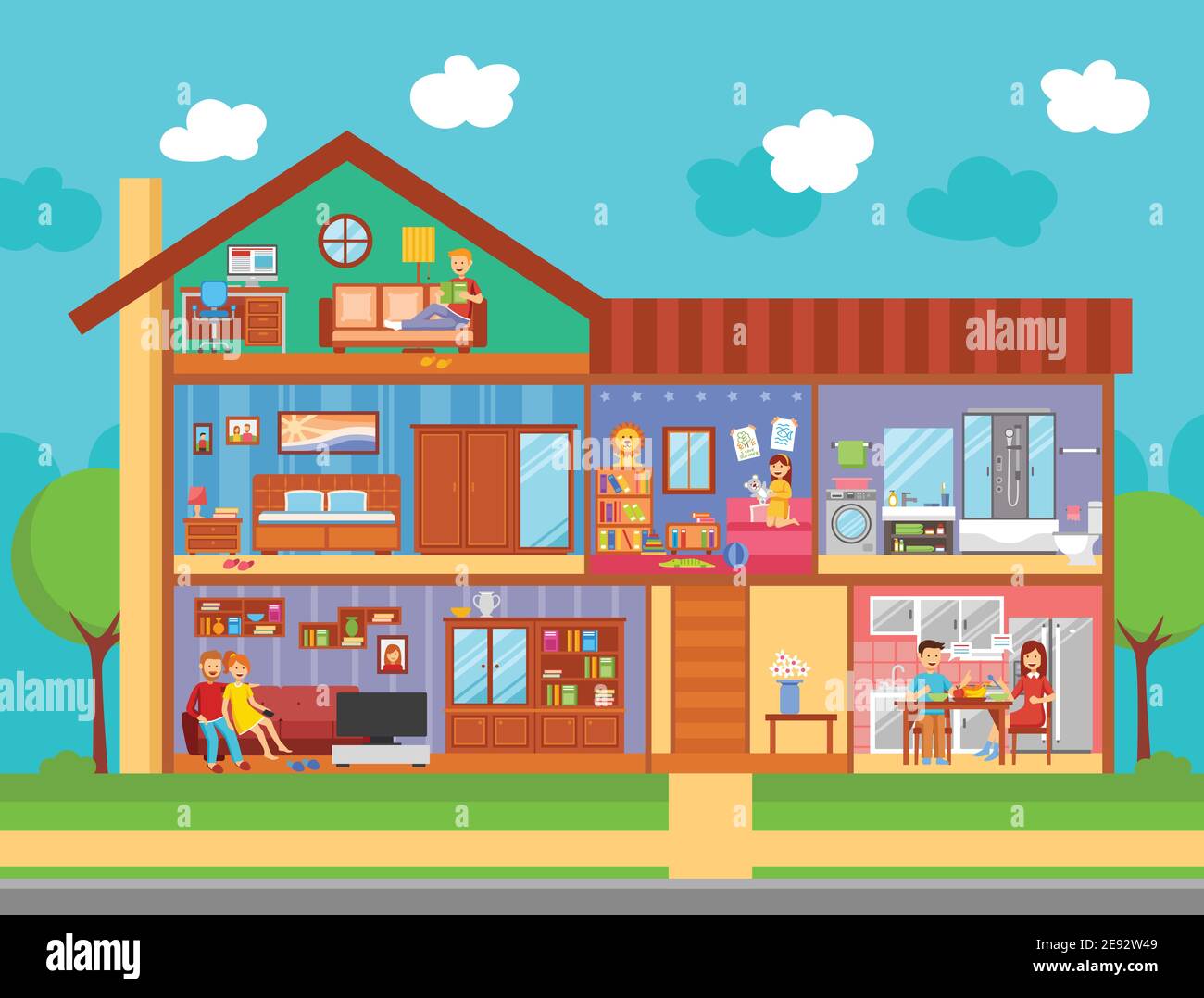 Casa familiar interior plano diseño concepto con muebles padres y.. habitaciones para niños cocina y baño en dibujos animados estilo vector ilustración Imagen Vector de stock - Alamy Casa familiar interior plano diseño concepto con muebles padres y.. habitaciones para niños cocina y baño en dibujos animados estilo vector ilustración Imagen Vector de stock - Alamy