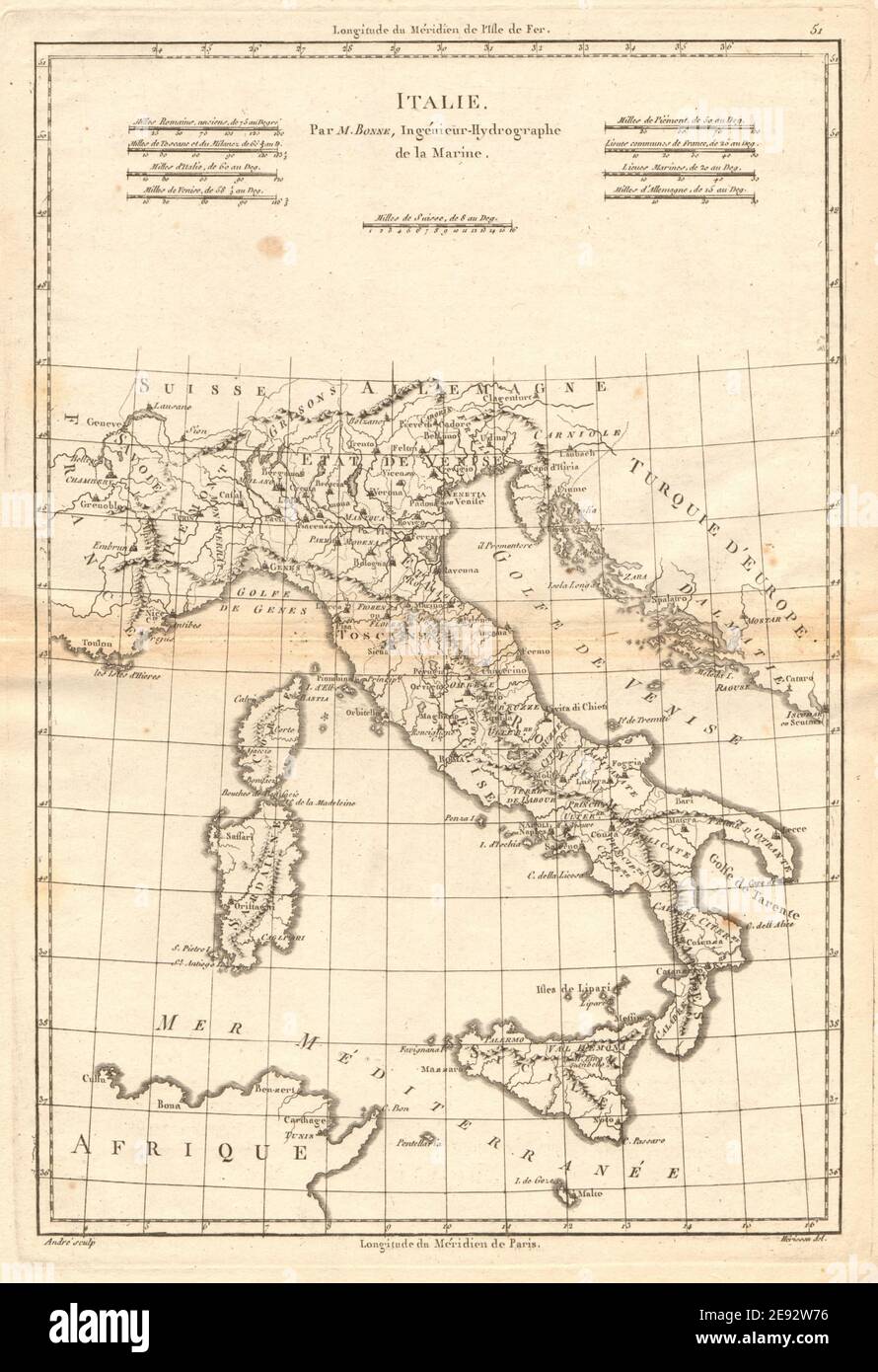 Italiano. Mapa antiguo de Italia. BONNE 1787 vieja carta del plan de la cosecha Foto de stock