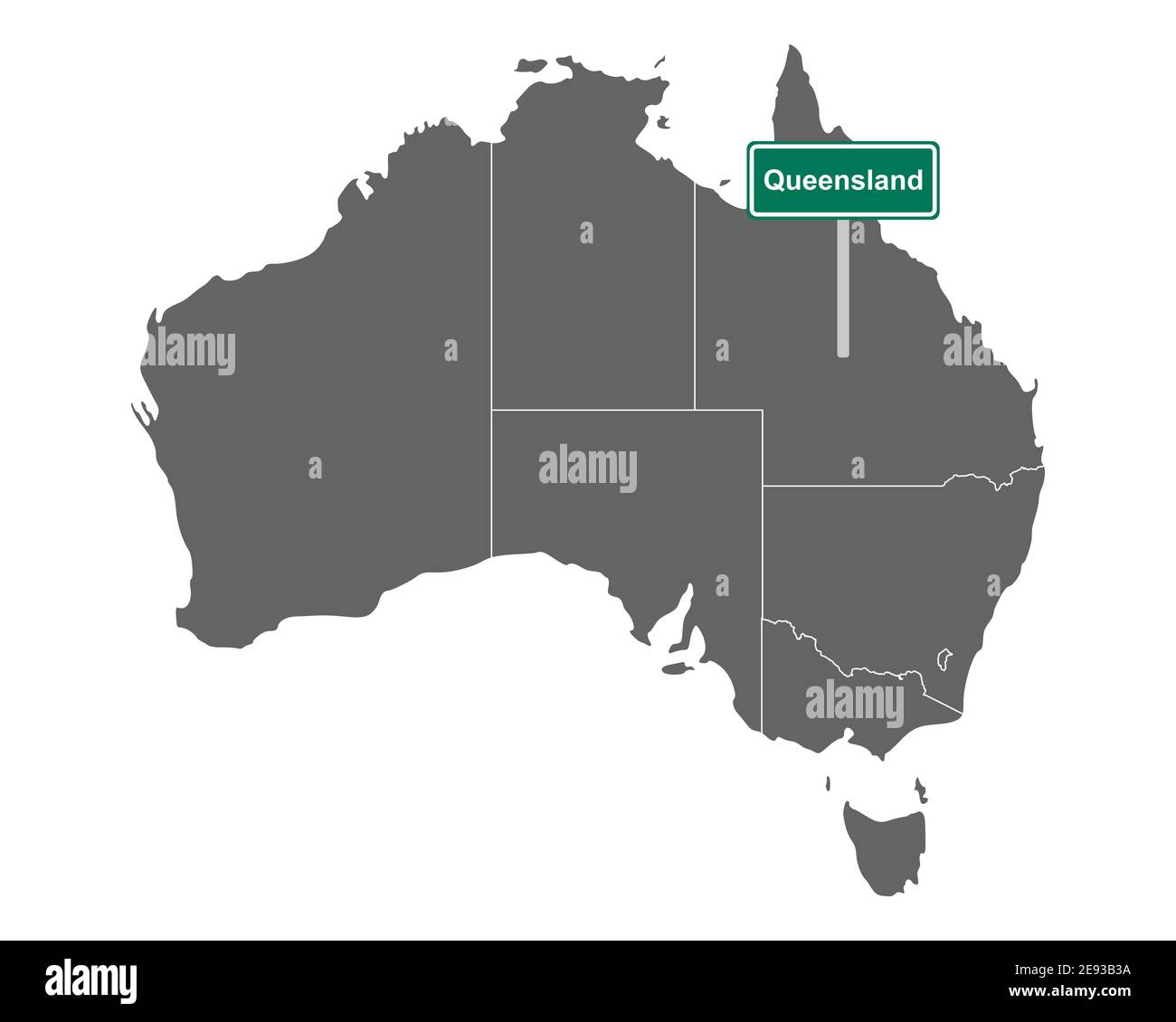 Coloque la señal de nombre Queensland en el mapa de Australia Foto de stock