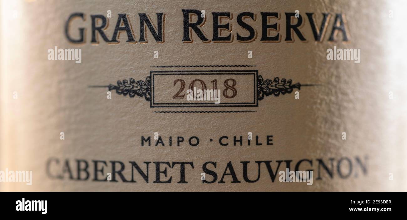 Cabernet Sauvignon 2018 etiqueta de vino de Chile primer plano Foto de stock