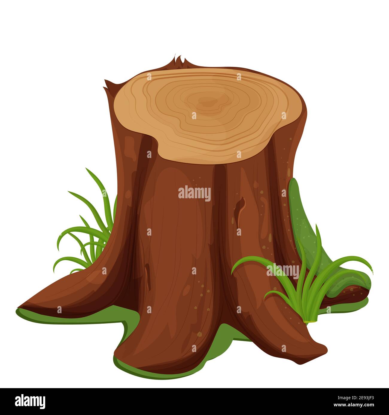 Tronco podrido de árbol con musgo y hierba en estilo de dibujos animados aislados sobre fondo blanco. Dibujo detallado con raíz, textura de madera, clipart de primer plano, iu Ilustración del Vector