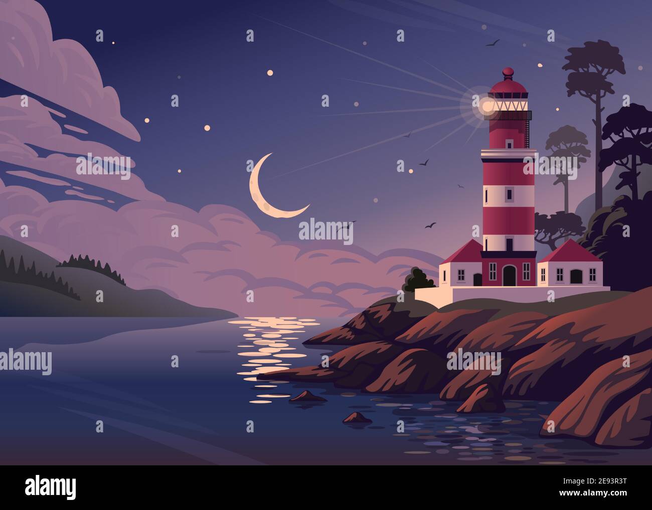 Faro - paisaje vectorial. Paisaje marino con faro en la costa y media luna en las nubes. Ilustración horizontal vectorial en estilo de dibujos animados planos Imagen Vector de stock - Alamy Faro - paisaje vectorial. Paisaje marino con faro en la costa y media luna en las nubes. Ilustración horizontal vectorial en estilo de dibujos animados planos Imagen Vector de stock - Alamy