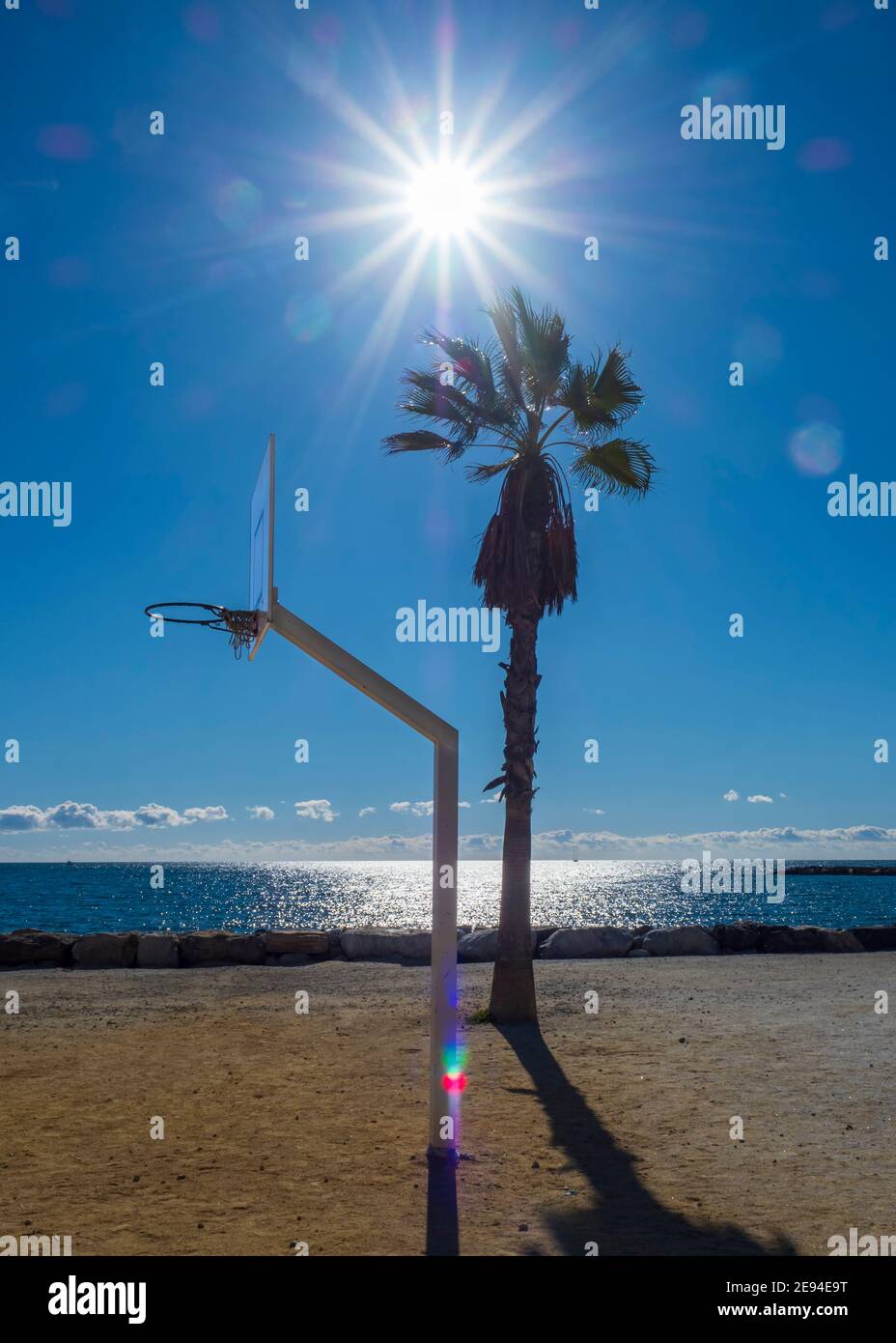 Canasta de baloncesto junto a una palmera frente al mar en un soleado día de invierno. Foto de stock