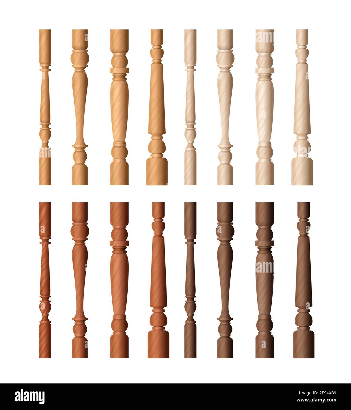 Juego de columnas balaustradas de madera, columnas de baluster marrón dibujos animados para la colección de decoración Ilustración del Vector