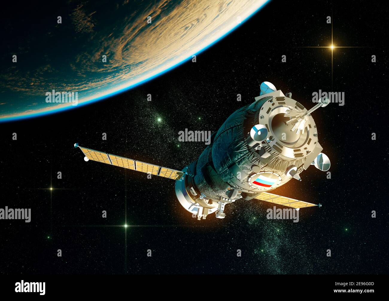 Nave espacial rusa cargo orbitando planeta Tierra Foto de stock