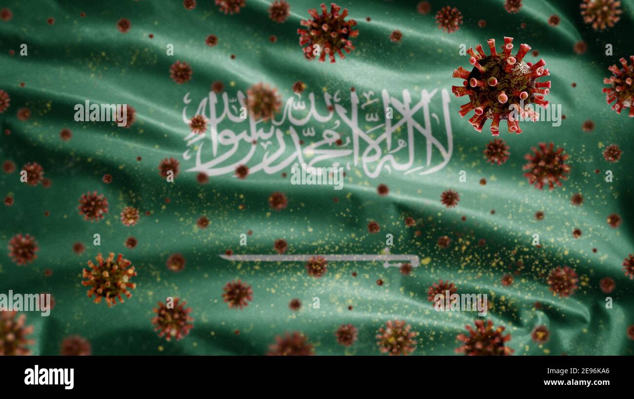 Reino Arabia Saudita bandera de la ondeada y Coronavirus 2019 nCV concepto. Brote asiático en KSA, coronavirus influenza como casos peligrosos de gripe cepa como un Foto de stock