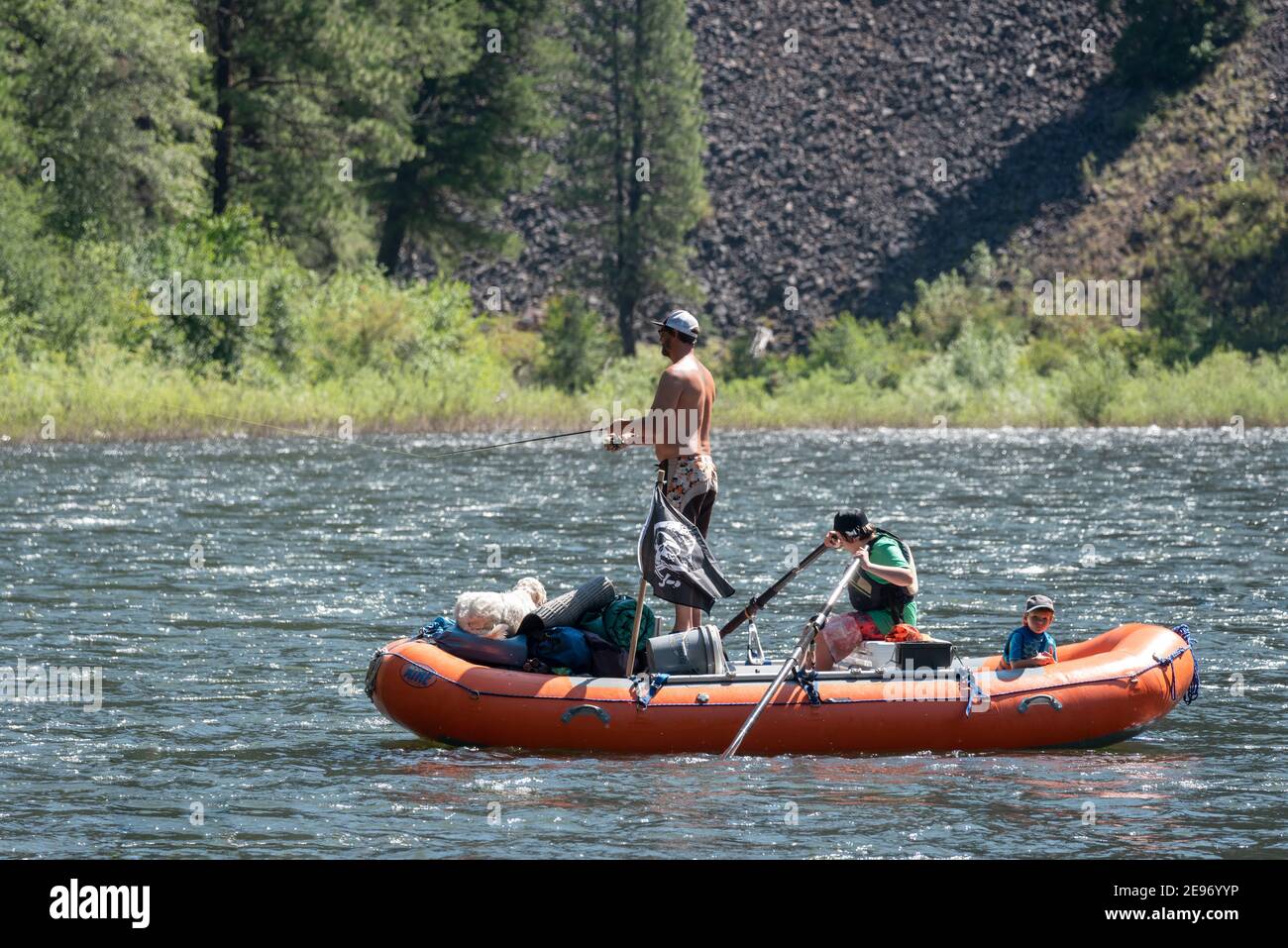 Rafting y pesca en el Río Grande Ronde, Oregon. Foto de stock