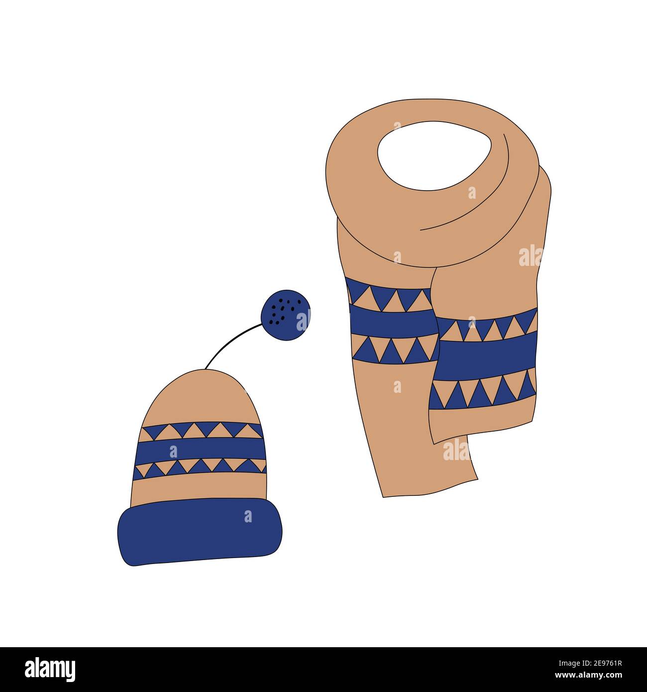 Conjunto con accesorios de invierno: gorro y bufanda. Lindo vector invierno  cálido ropa de punto colección en estilo de dibujos animados. Ilustración  del vector de Navidad Imagen Vector de stock - Alamy