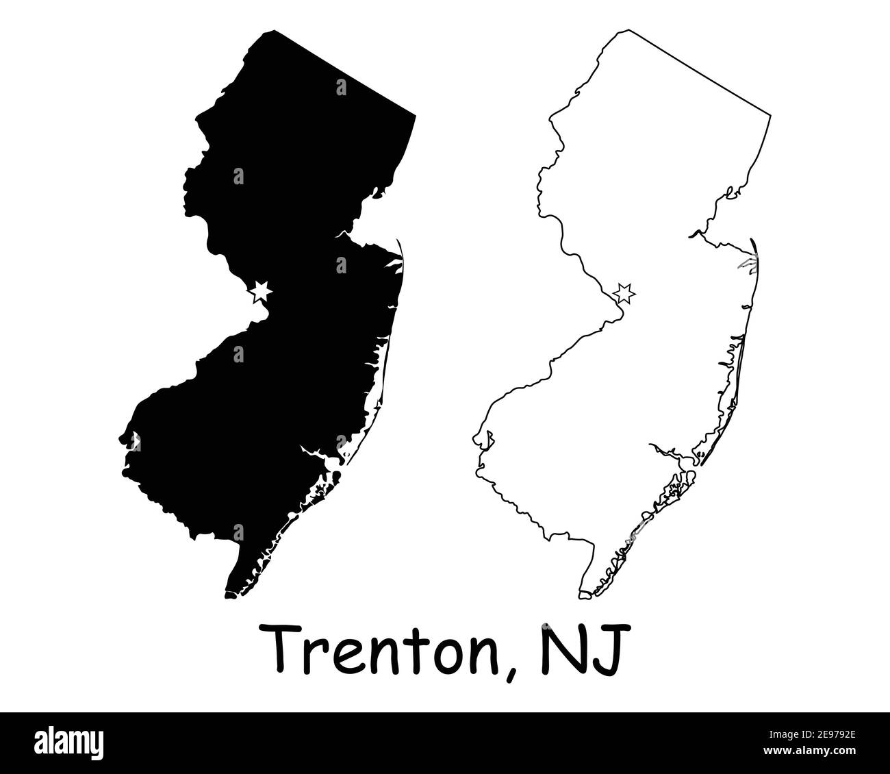 Mapa del estado de Nueva Jersey NJ USA con Capital City Star en Trenton. Silueta y contorno negros aislados sobre fondo blanco. Vector EPS Ilustración del Vector