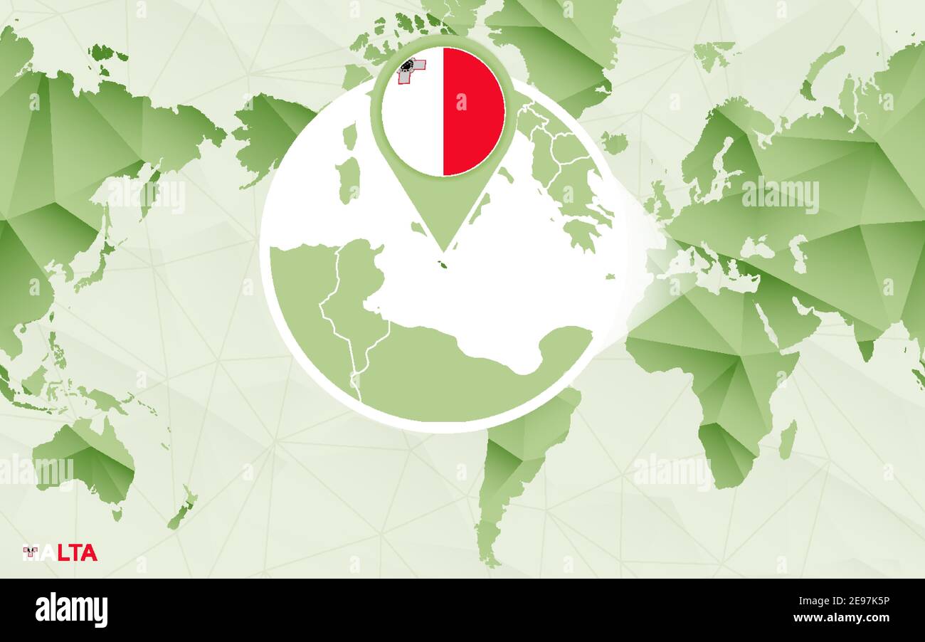 Mapa del mundo centrado en América con mapa ampliado de Malta. Mapa del  mundo poligonal verde Imagen Vector de stock - Alamy