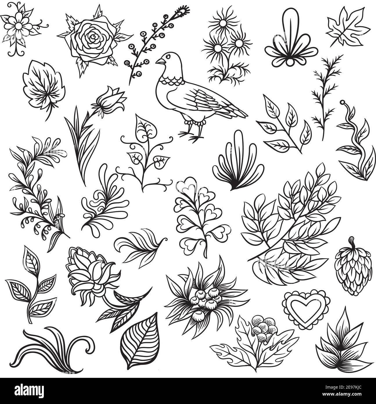 Patrón dibujado a mano con elementos abstractos de la naturaleza escandinava. Vector conjunto de plantas y animales. Ilustración del Vector