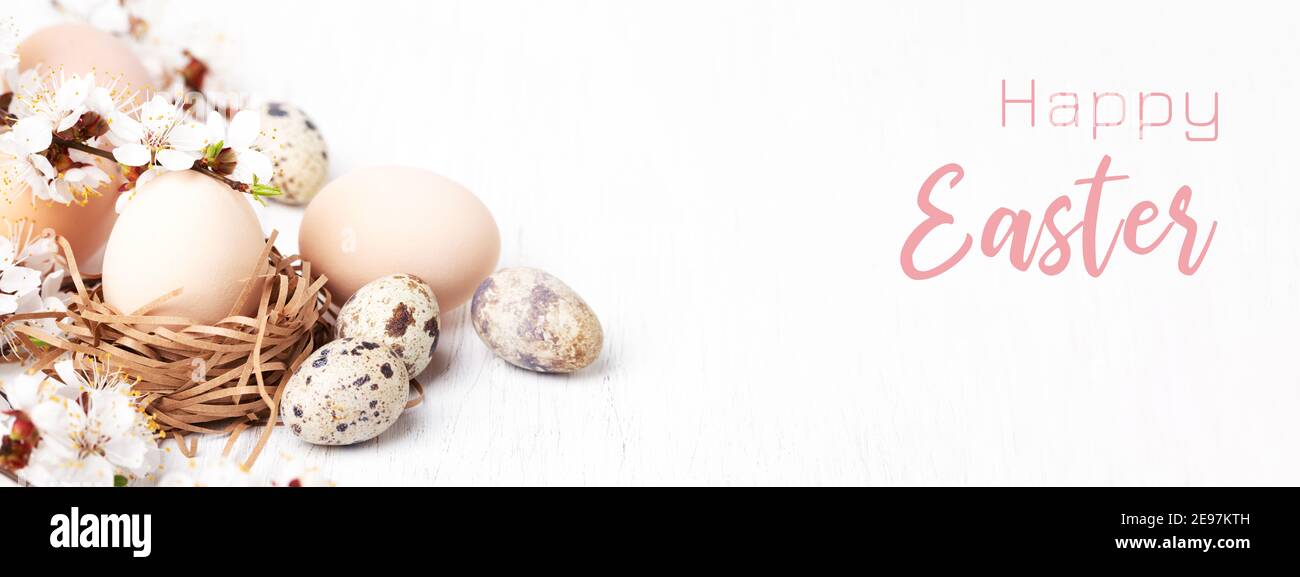 Pancarta de Pascua con huevos adornados flores de primavera sobre mesa de madera blanca. Foto de stock