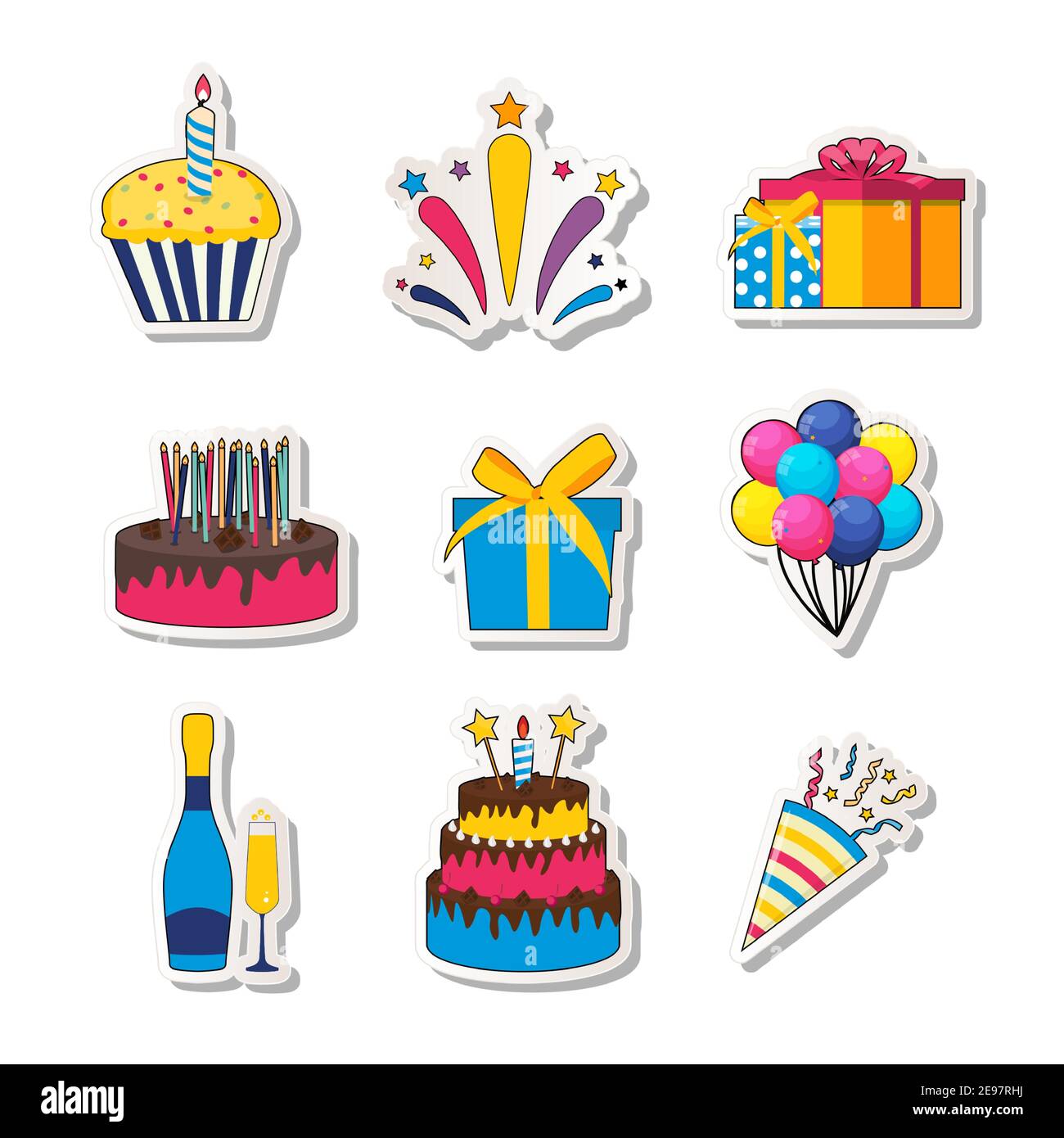 Colección de pegatinas para fiestas de cumpleaños icono con pastel