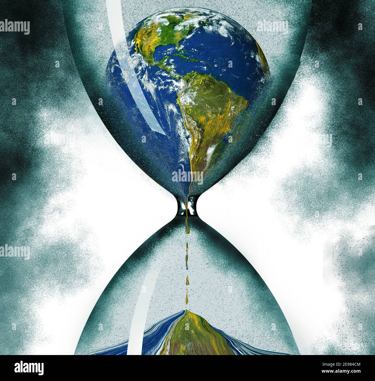 El tiempo que se agota en la ecología del planeta Tierra se ilustra con el planeta drenando a través de un reloj de arena. Esta es una ilustración en 3D. Foto de stock