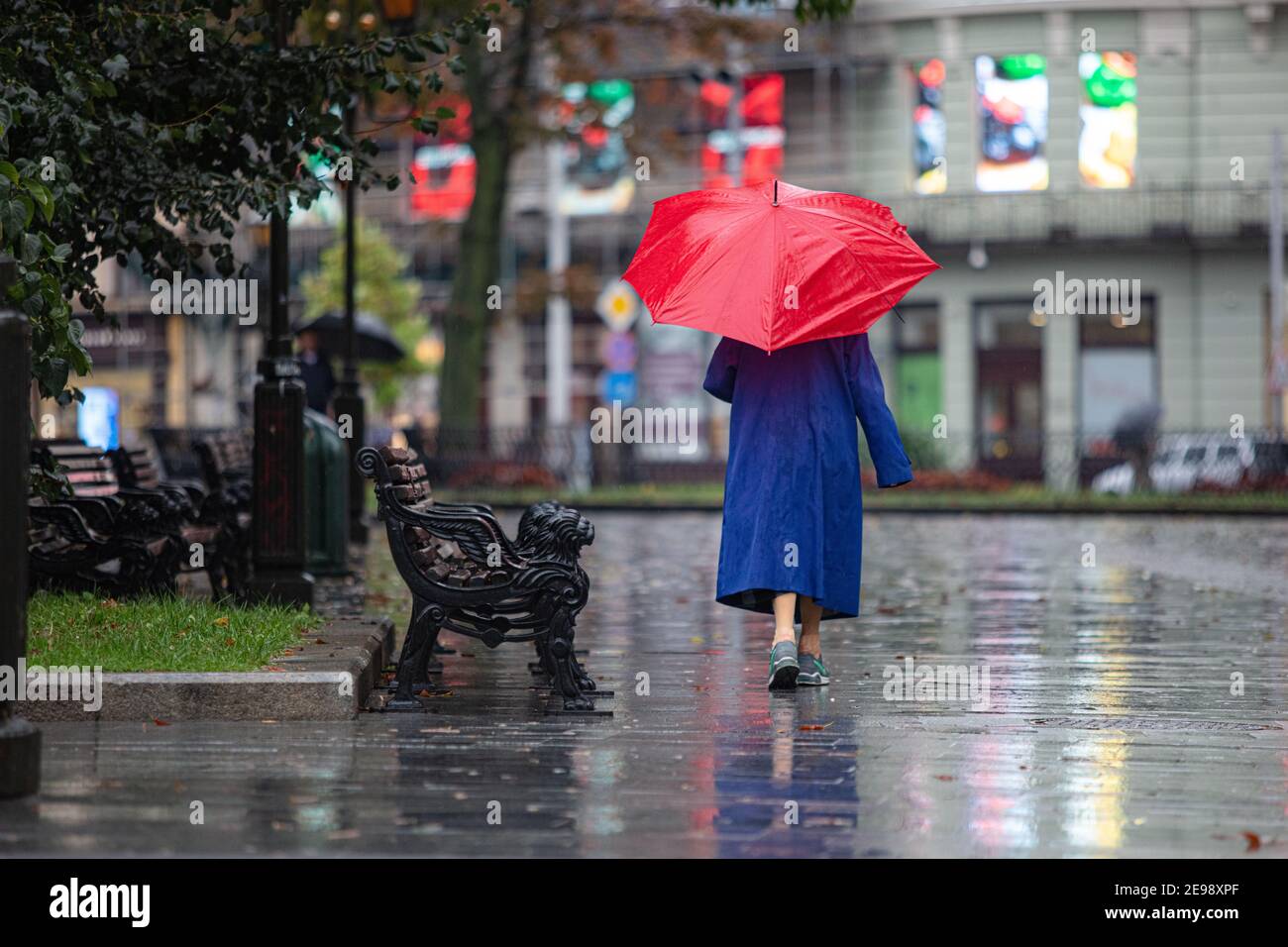Lviv, Ucrania - 30 de septiembre de 2020: Mujer mayor con zapatillas Nike y  paraguas rojo caminando en la calle lluviosa Fotografía de stock - Alamy