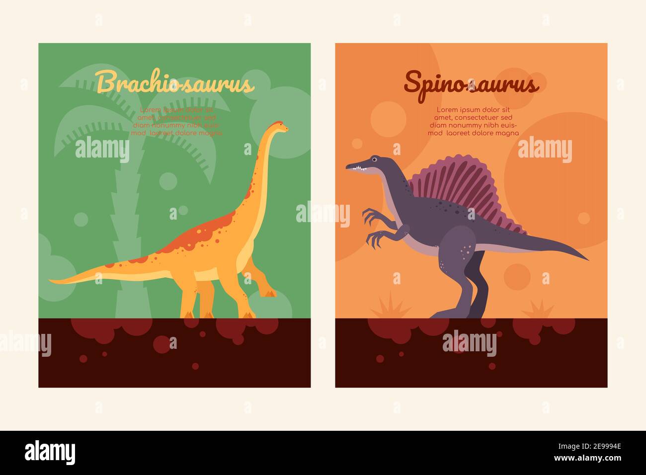 Diferentes dinosaurios - conjunto de carteles de diseño plano con espacio de copia para texto. Spinosaurus y brachiosaurus imágenes coloridas. Colección Dino, excin Imagen Vector de stock - Alamy Diferentes dinosaurios - conjunto de carteles de diseño plano con espacio de copia para texto. Spinosaurus y brachiosaurus imágenes coloridas. Colección Dino, excin Imagen Vector de stock - Alamy
