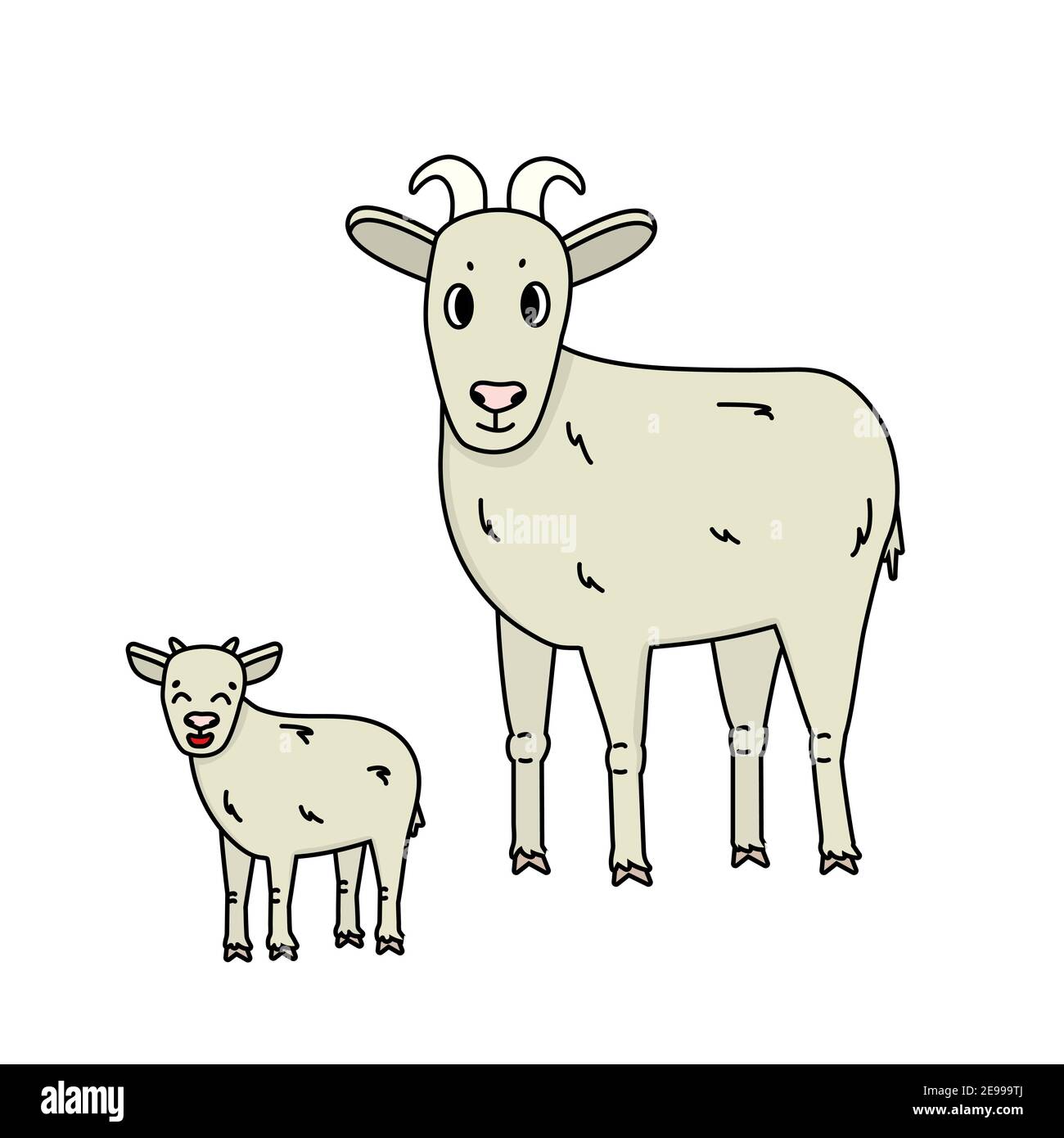 Juego de coqueta cabra de granja de dibujos animados con cuernos y un niño  de pie de lado y mirar recto. Los animales aislados están sobre fondo  blanco Imagen Vector de stock -